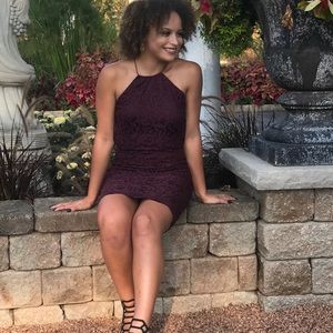 Burgundy halter neck lace fitted dress